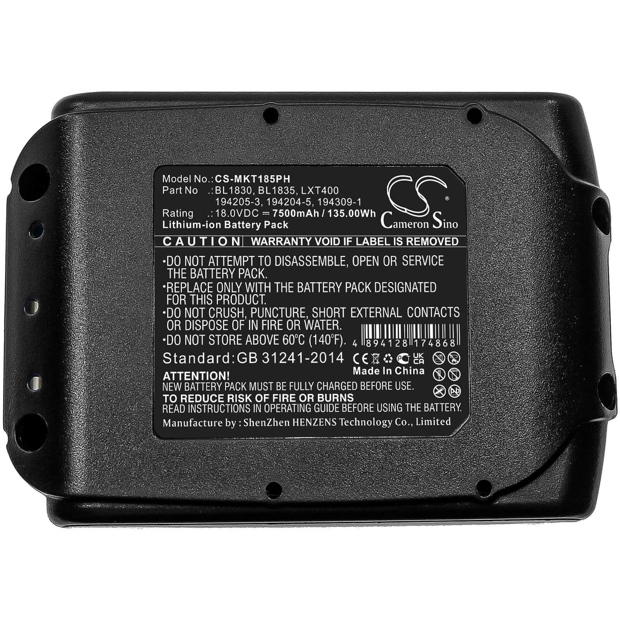 18.0V, Li-ion, 7500mAh, batterie pour outils électriques compatible avec Makita, 194065-3, Bbo140, Bbo180, 135Wh Outils électriques Cameron Sino Technology Limited (Marchandises dangereuses)