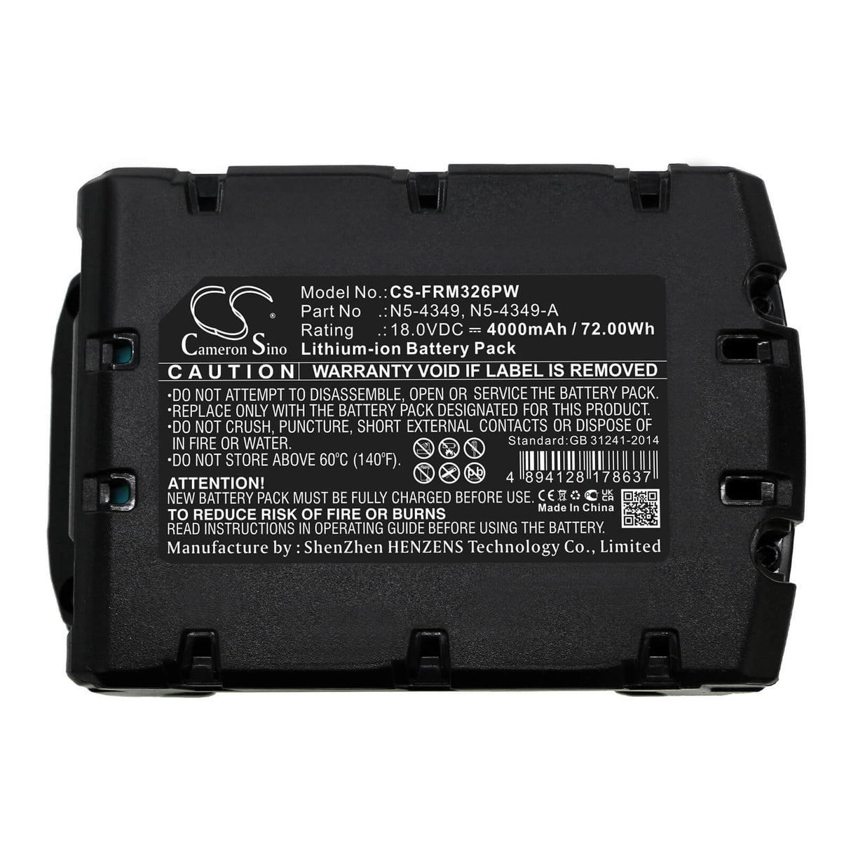 18.0V, Li-ion, 4000mAh, batterie pour outils de cerclage compatible avec Fromm, N5-4349, P318, P326, 72Wh Outils de cerclage Cameron Sino Technology Limited