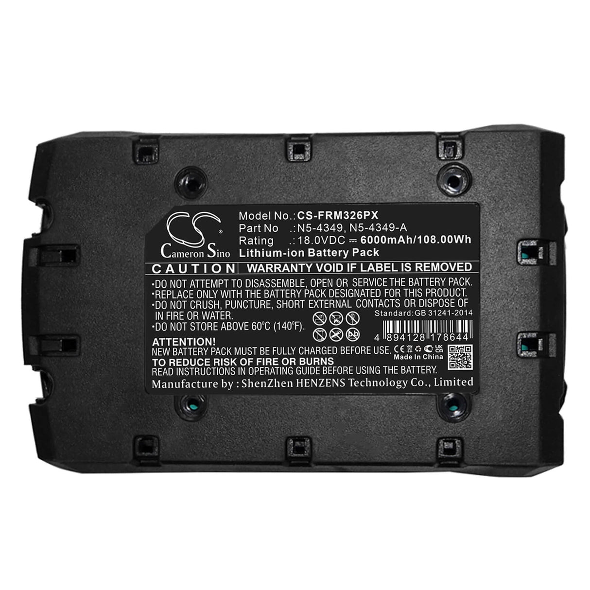18.0V, Li-ion, 6000mAh, batterie pour outils de cerclage compatible avec Fromm, N5-4349, P318, P326, 108Wh Outils de cerclage Cameron Sino Technology Limited (Marchandises dangereuses)