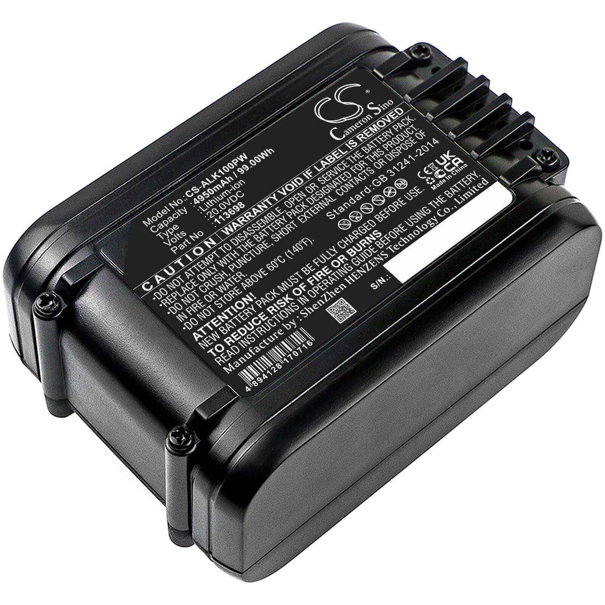 20.0V, Li-ion, 4950mAh, Lawn Mowers battery fits Al-ko, 113698, 34.8 Li Lawn Mover, Csa 2020 (113538), 99.00Wh Lawn Mowers Cameron Sino Technology Limited