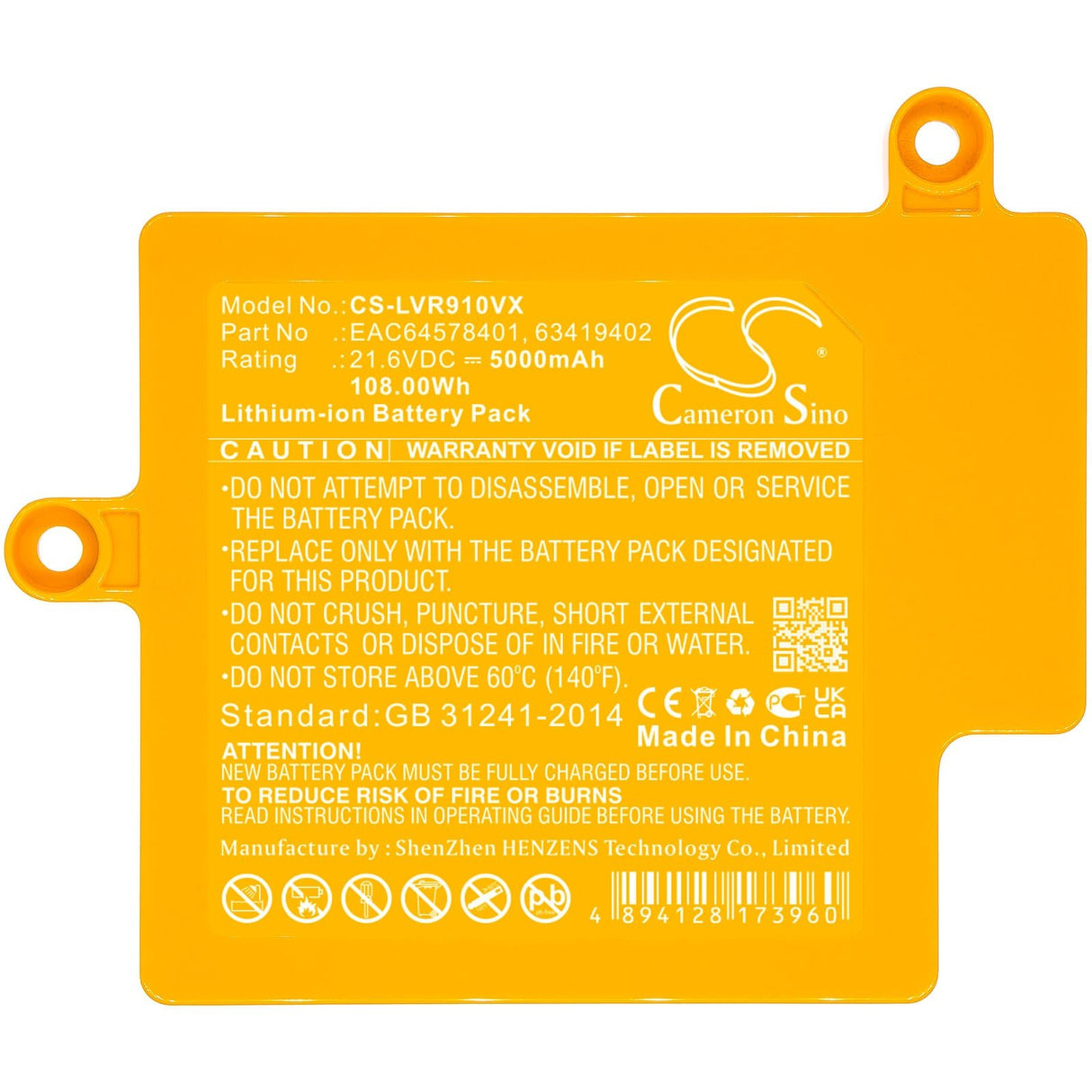 21.6V, Li-ion, 5000mAh, Vacuum battery fits Lg, Bdv1, Cordzero R87, Cordzero R9, 108.00Wh Vacuum Cameron Sino Technology Limited (Dangerous Goods)