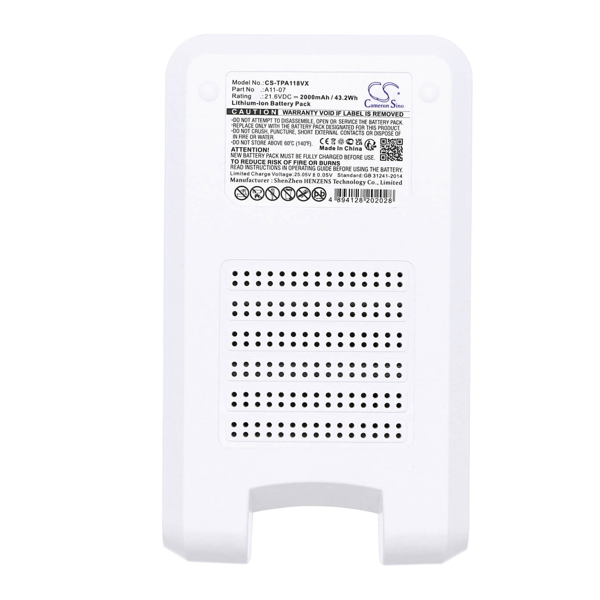 21.6V, Li-ion, 2000mAh, Vacuum Battery fits Tineco, A11 Hero, A11 Hero Ex, 43.2Wh Vacuum Cameron Sino Technology Limited