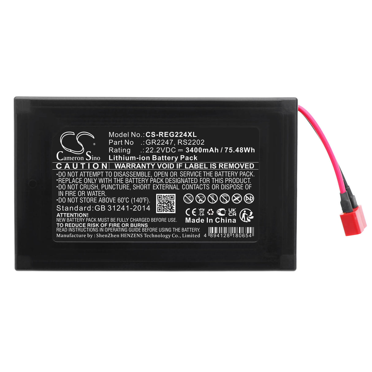 22.2V, Li-ion, 3400mAh, Electric Scooter battery fits Razor, Gr2247, Ripstik Electric Caster Board, 75.48Wh Electric Scooter Cameron Sino Technology Limited