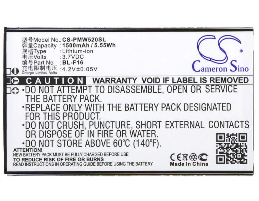 3.7V, Li-ion, 1500mAh, batterie SmartPhone compatible avec Phicomm, Bl-f16, W520cn, 5.55Wh Mobile, SmartPhone Cameron Sino Technology Limited (Suspendu)