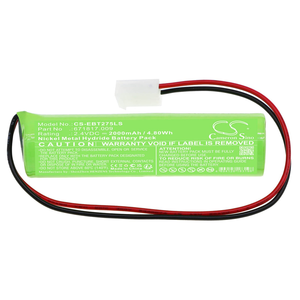 2,4V, Ni-MH, 2000mAh, Batterie d'éclairage de secours compatible avec Elubat, 671817.009, D-sc1800btx2-molex/5239, Krmt 23/43, 4,80Wh Éclairage de secours Cameron Sino Technology Limited