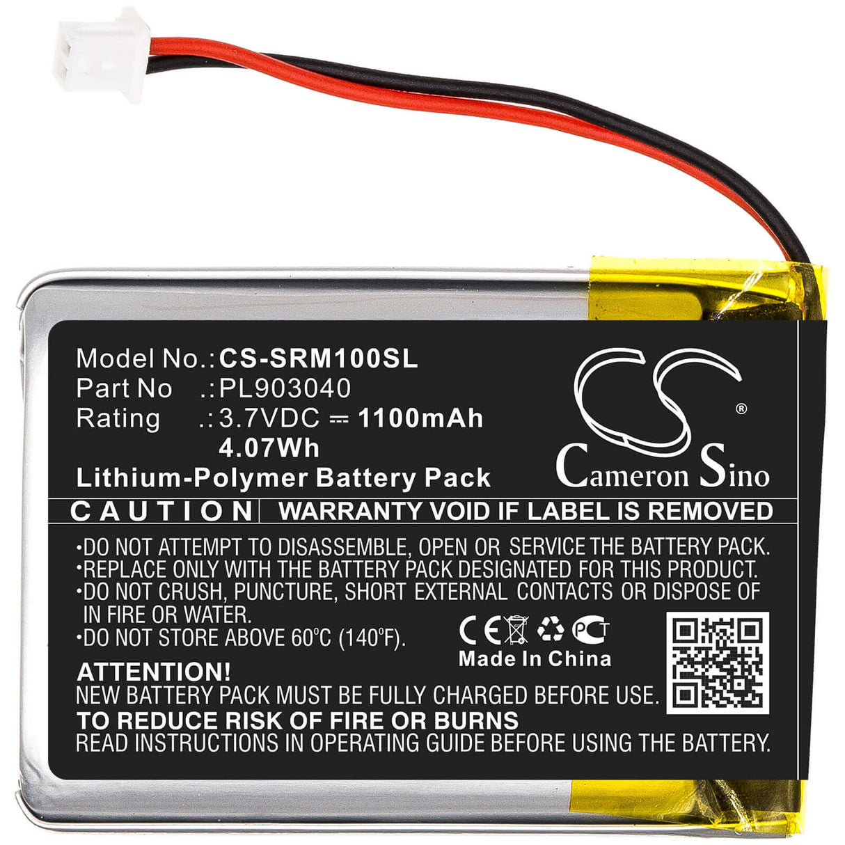 3.7V, Li-Polymer, 1100mAh, Batterie de loupe électronique compatible avec Schweizer, Pl903040, Loupe LED, 4.07Wh Loupe électronique Cameron Sino Technology Limited