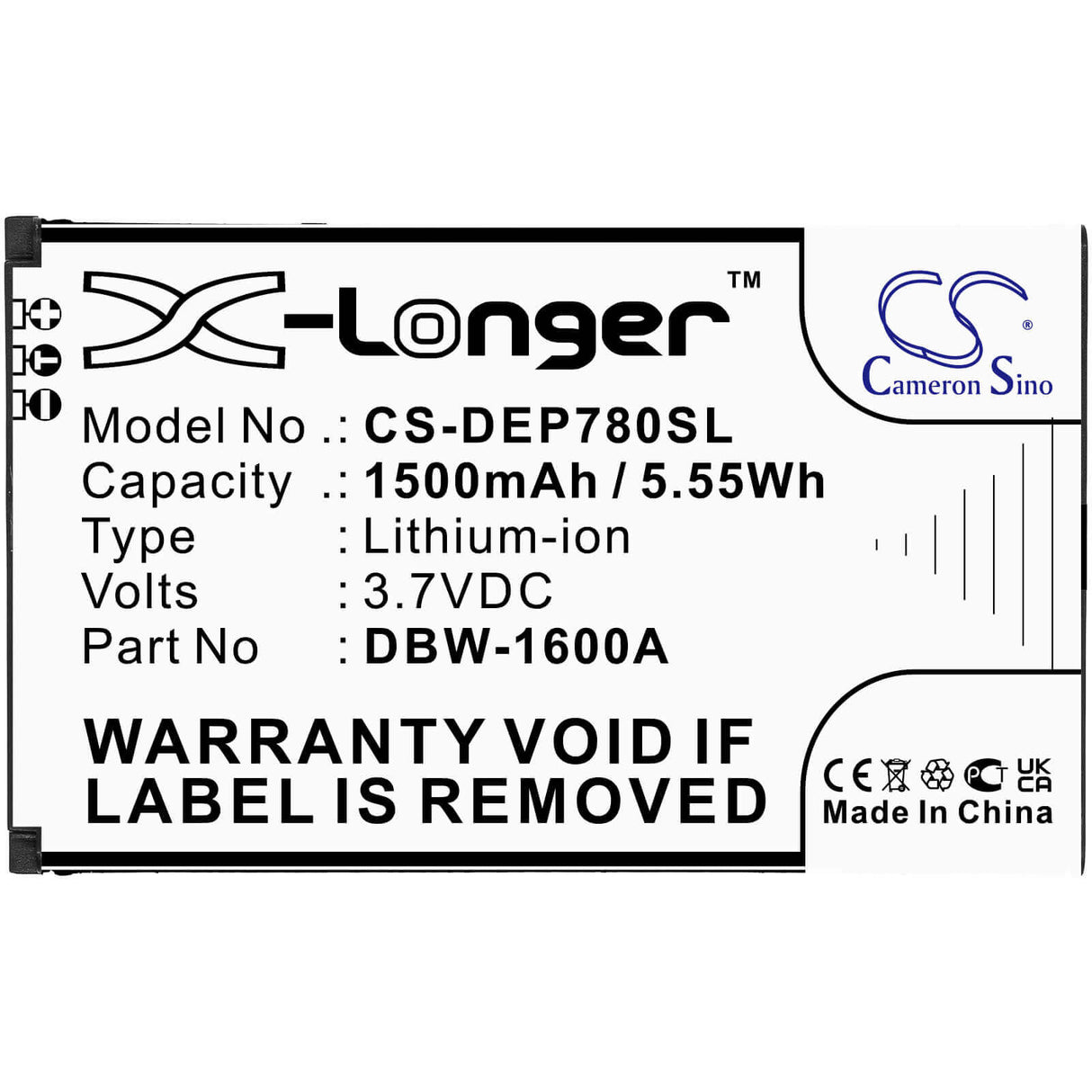 3.7V, Li-ion, 1500mAh, SmartPhone battery fits Doro, Dbw-1600a, 7010, 7011, 5.55Wh Mobile, SmartPhone Cameron Sino Technology Limited (Smartphone)
