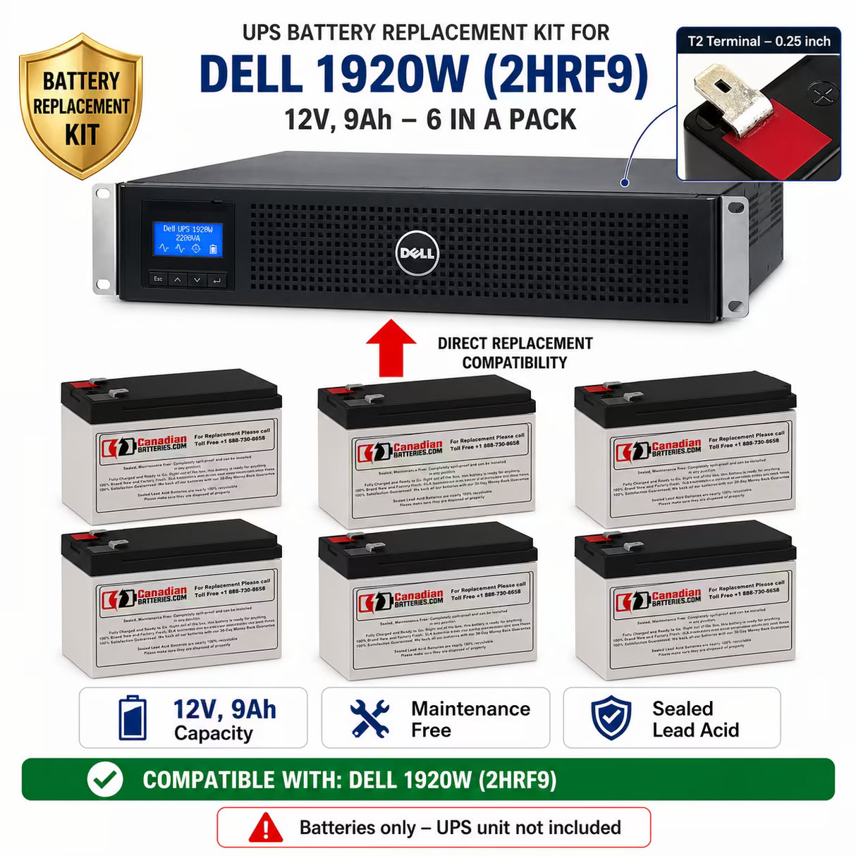 Dell 1920W 2HRF9 UPS Replacement Battery Kit 12V 9Ah 6 Pack UPS Batteries CB Range
