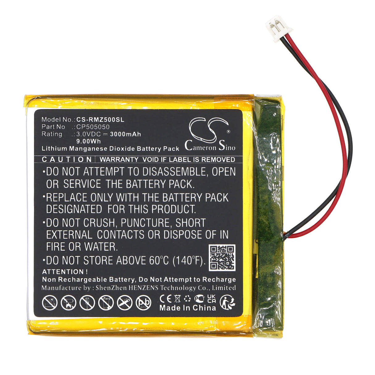 3.0V, Li-MnO2, 3000mAh, batterie de communication et de conférence compatible avec Roomz, Cp505050, Room Sensor, 9Wh Communication & Conferencing Cameron Sino Technology Limited