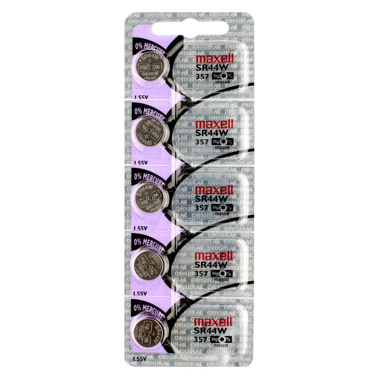 Five pieces of 357 - Sr44w 1.55 Volt Silver Oxide Battery Replacement Coin Cell Batteries Maxell