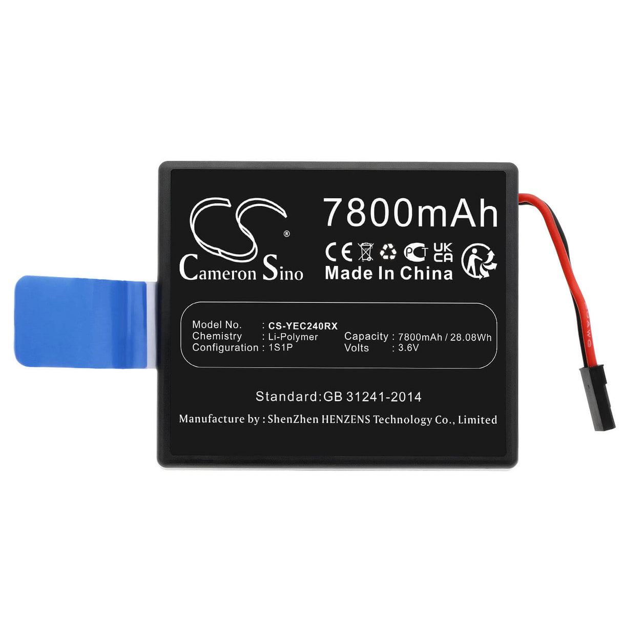 3,6V, Li-Polymer, 7800mAh, Batterie de télécommande compatible avec Tornado, Yuneec, Yp-2, Contrôleurs H920, 28,08Wh Télécommande Cameron Sino Technology Limited