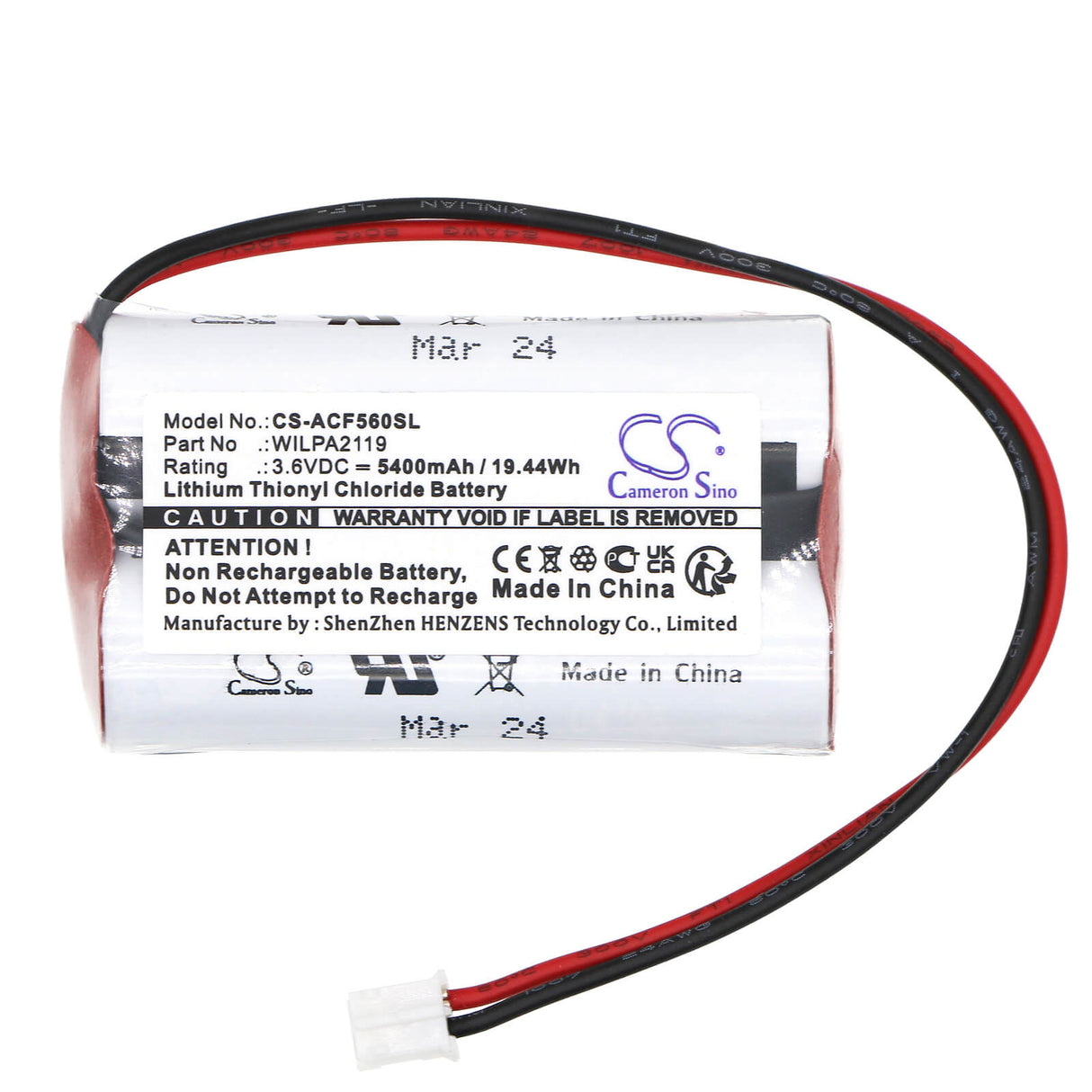 3.6V, Li-SOCl2, 5400mAh, Batterie d'équipement pour Actaris, Ktt310rf, Compteur Actaris 2 CF560, Cf560, 19.44Wh Équipement, Enquête, Test Cameron Sino Technology Limited