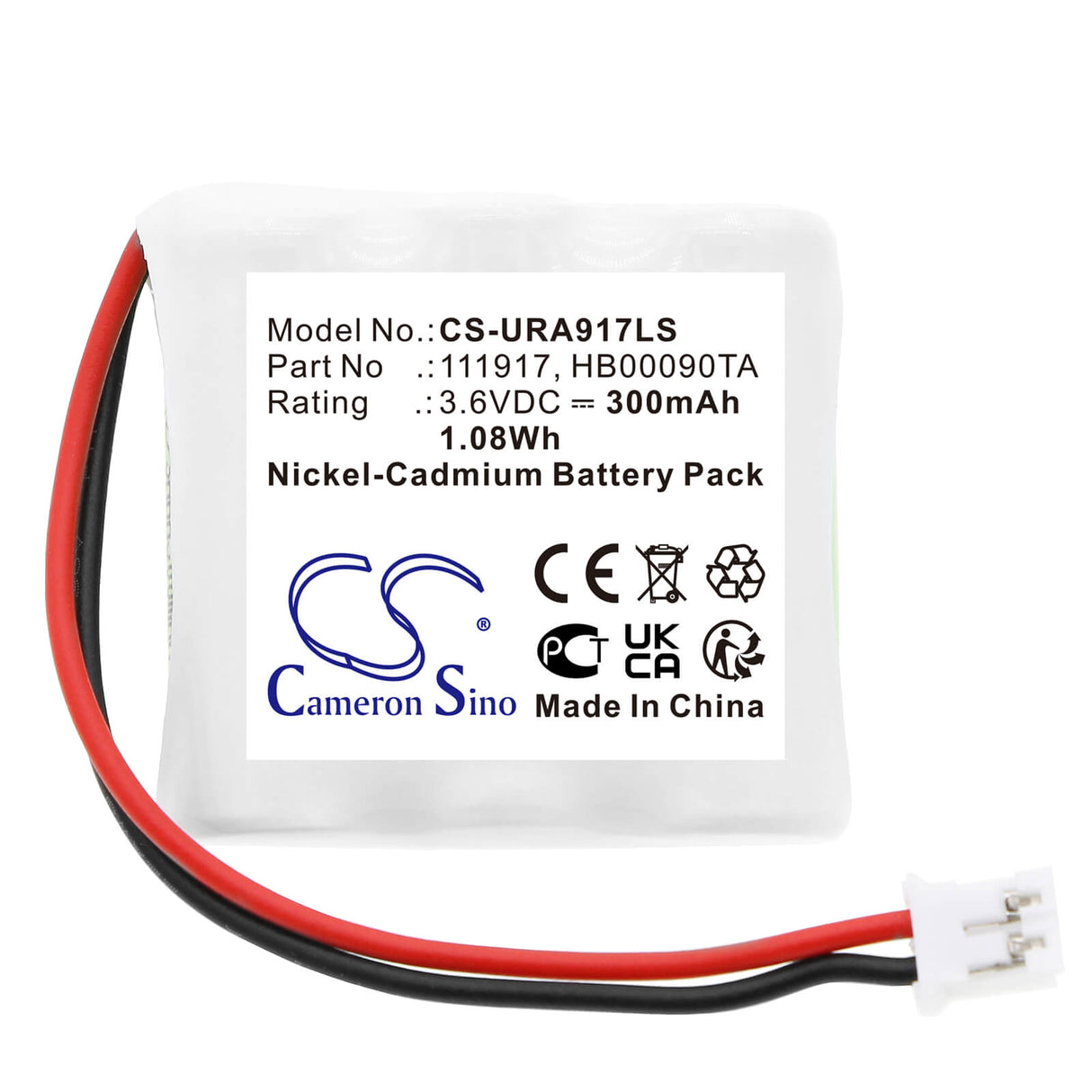 3,6V, Ni-MH, 300mAh, batterie d'éclairage de secours compatible avec Ura, 111917, 140130, 140131, 1,08Wh Éclairage de secours Cameron Sino Technology Limited