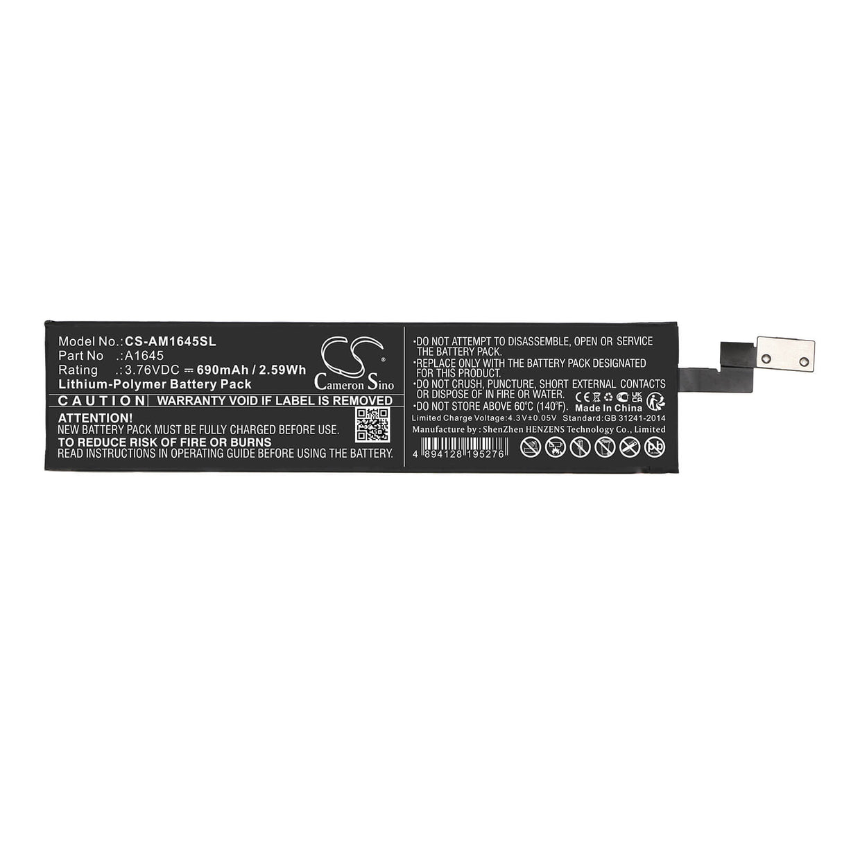 3.76V, Li-Polymer, 690mAh, Keyboard,Mouse battery fits Apple, A1645, A1644, A1843, 2.59Wh Keyboard,Mouse Cameron Sino Technology Limited