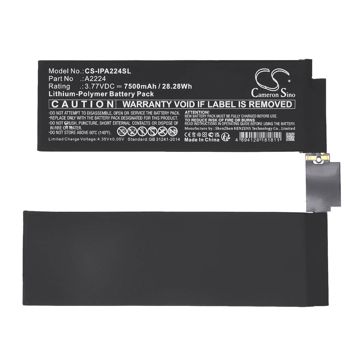 3.77v, Li-polymer, 7500mah, Battery Fits Apple A2068, A2228, A2230, 28.28wh Notebook, Laptop Cameron Sino Technology Limited