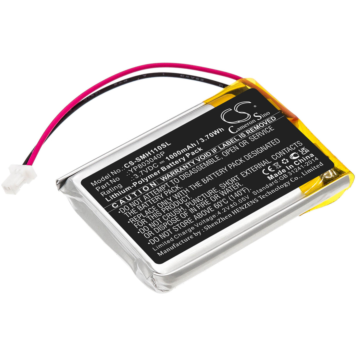 3.7V, Li-Polymer, 1000mAh, Headset battery fits Sena, Yp803040p, 10c, 10c Pro, 3.7Wh Wireless Headset Cameron Sino Technology Limited