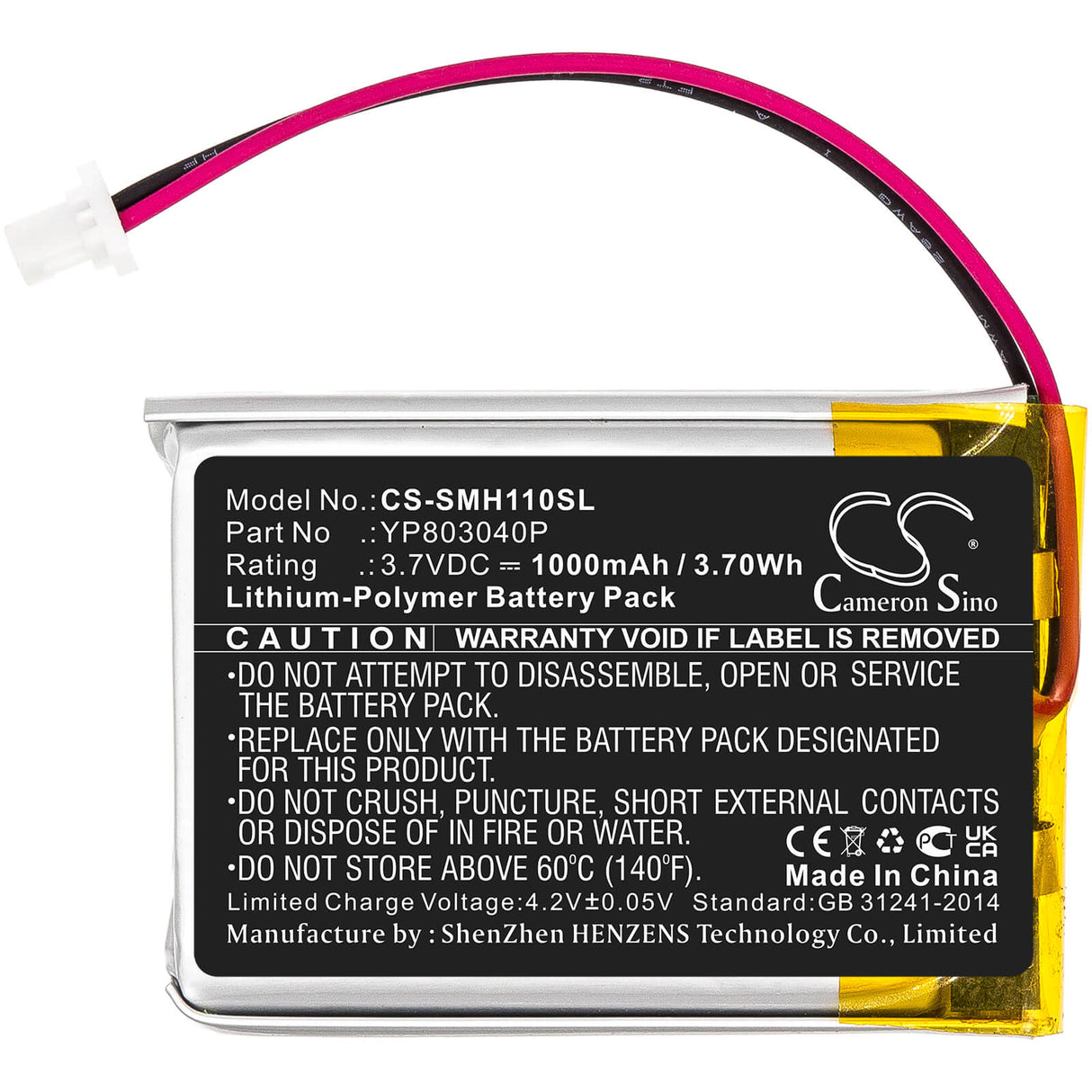 3.7V, Li-Polymer, 1000mAh, Headset battery fits Sena, Yp803040p, 10c, 10c Pro, 3.7Wh Wireless Headset Cameron Sino Technology Limited