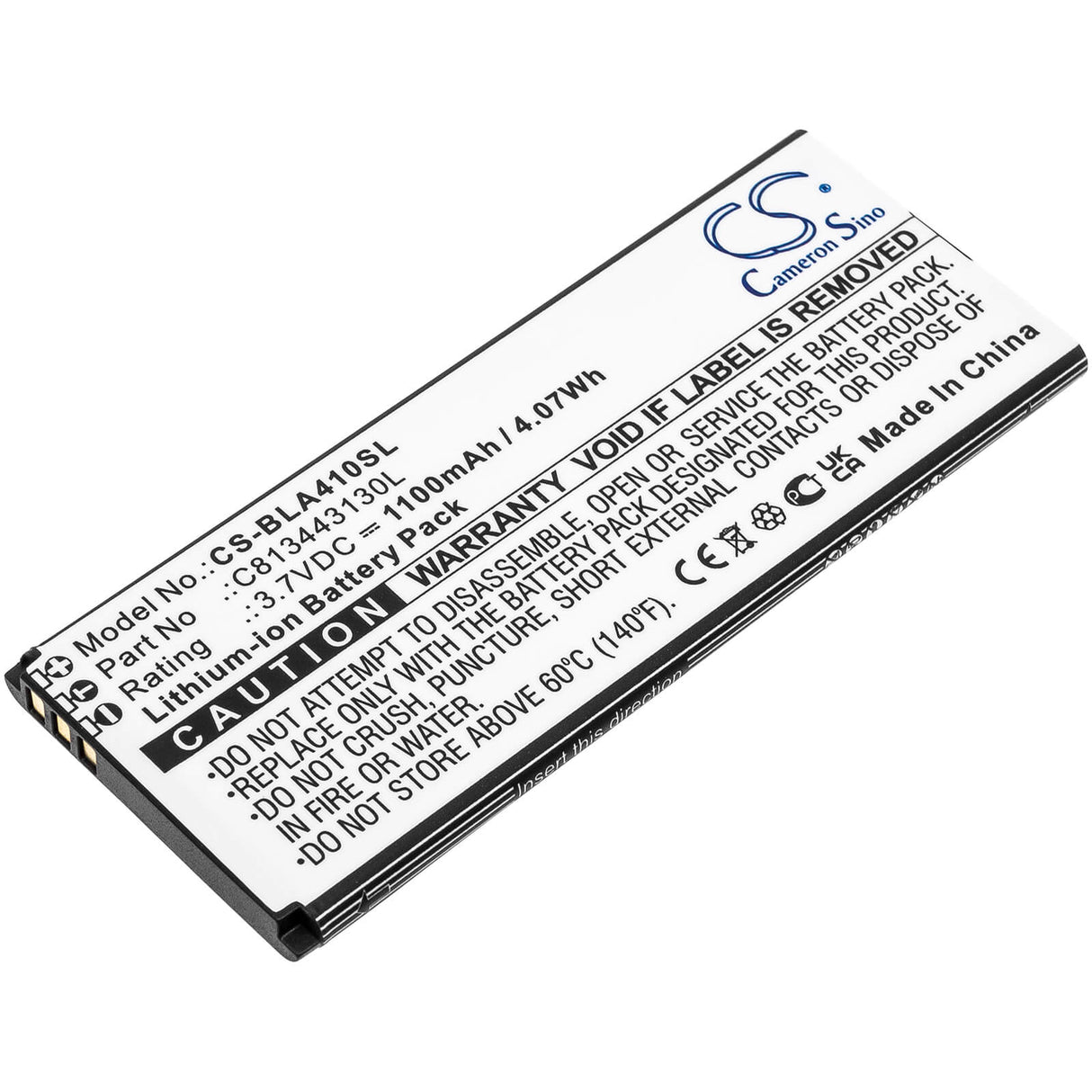 3.7V, Li-ion, 1100mAh, SmartPhone battery fits Blu, C813443130l, A410u, Advance A4 2019, 4.07Wh Mobile, SmartPhone Cameron Sino Technology Limited (Smartphone)