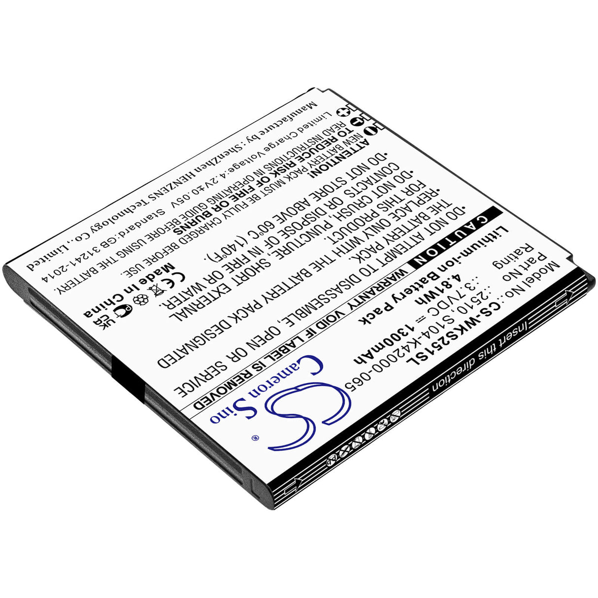 3.7V, Li-ion, 1300mAh, SmartPhone battery fits Wiko, 2510, Sunny 2, V2510, 4.81Wh Mobile, SmartPhone Cameron Sino Technology Limited (Smartphone)