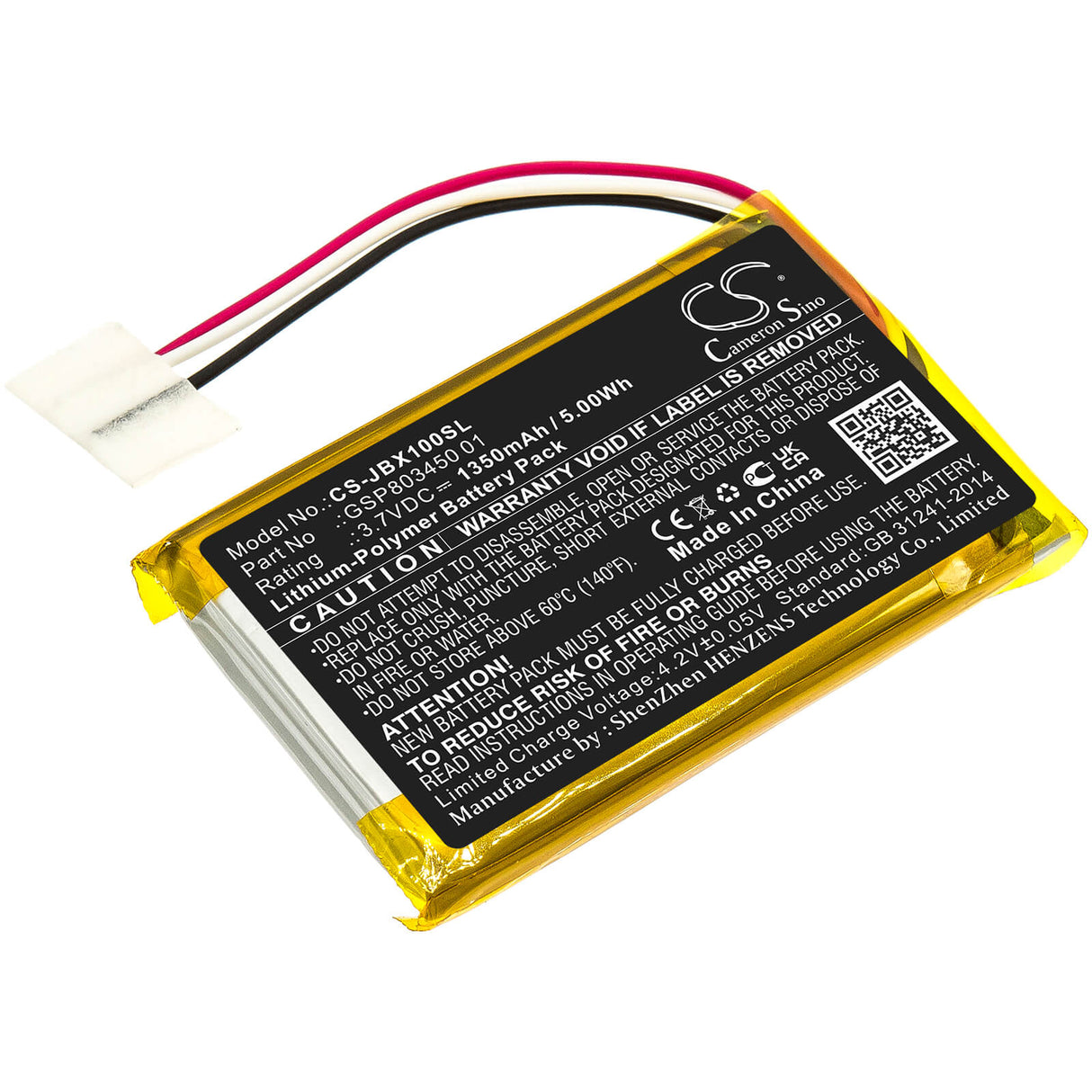 3.7V, Li-Polymer, 1350mAh, Headset battery fits Jbl, Gsp803450 01, Free Charging Case, Free X Tws Charging Case, 5Wh Wireless Headset Cameron Sino Technology Limited