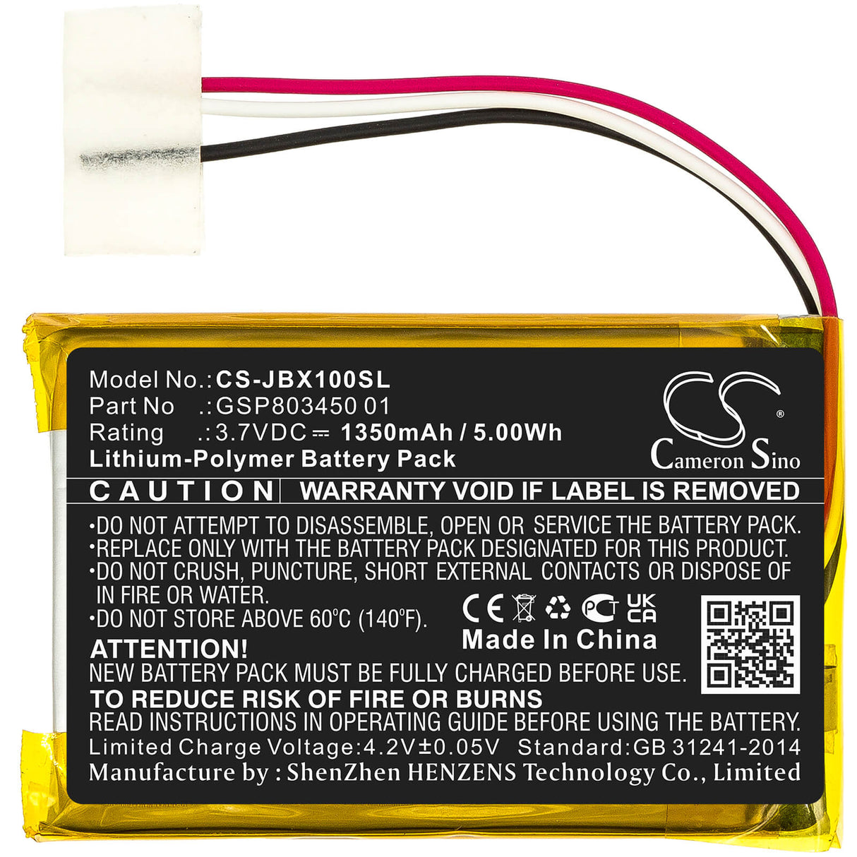 3.7V, Li-Polymer, 1350mAh, Headset battery fits Jbl, Gsp803450 01, Free Charging Case, Free X Tws Charging Case, 5Wh Wireless Headset Cameron Sino Technology Limited