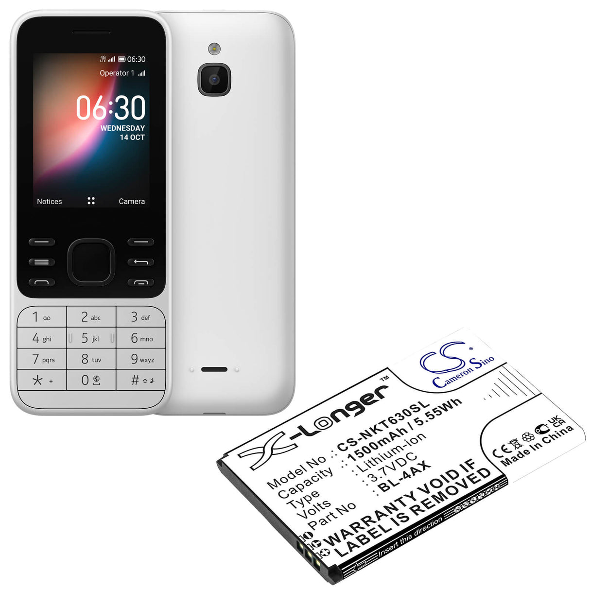 3.7V, Li-ion, 1500mAh, SmartPhone battery fits Nokia, Bl-4ax, 6300 4g, 8000 4g, 5.55Wh Mobile, SmartPhone Cameron Sino Technology Limited (Smartphone)