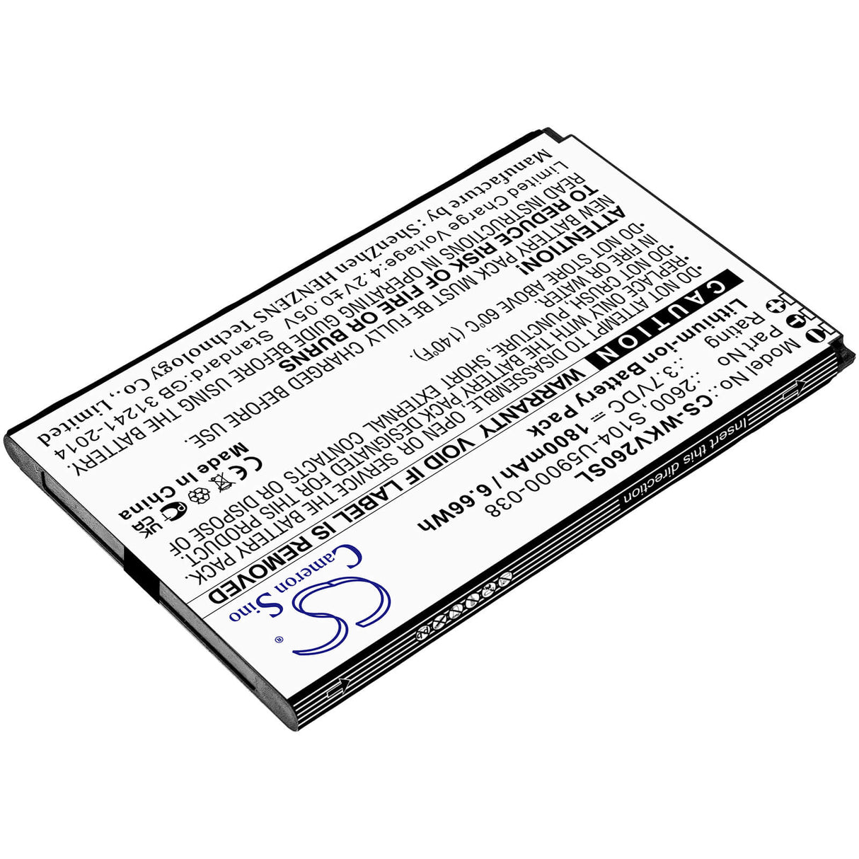 3.7V, Li-ion, 1800mAh, SmartPhone battery fits Wiko, 2600, Sunny 2 Plus, V2600, 6.66Wh Mobile, SmartPhone Cameron Sino Technology Limited (Smartphone)