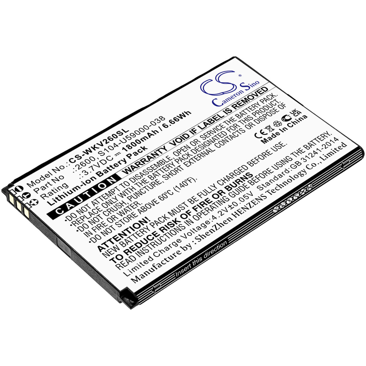 3.7V, Li-ion, 1800mAh, SmartPhone battery fits Wiko, 2600, Sunny 2 Plus, V2600, 6.66Wh Mobile, SmartPhone Cameron Sino Technology Limited (Smartphone)