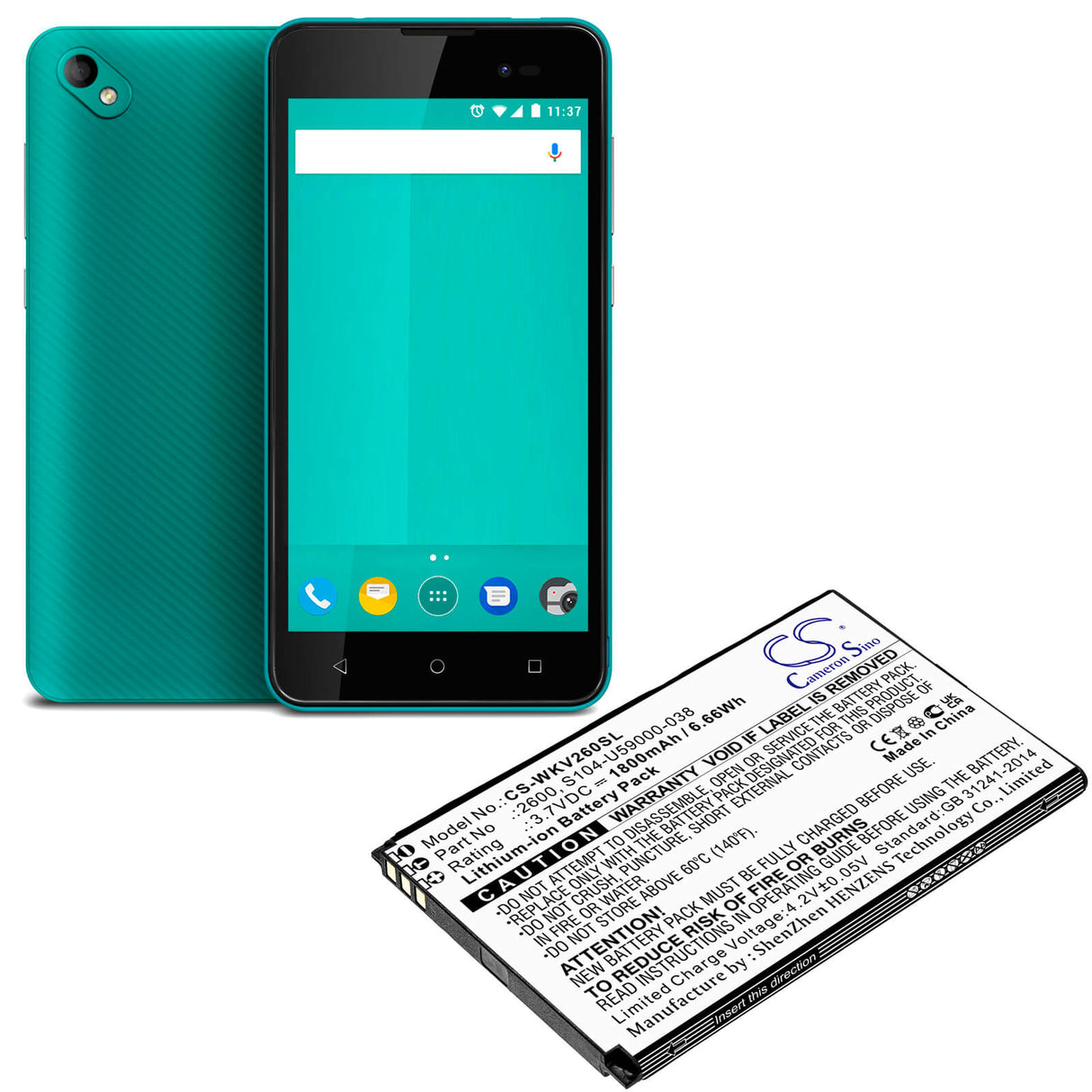 3.7V, Li-ion, 1800mAh, SmartPhone battery fits Wiko, 2600, Sunny 2 Plus, V2600, 6.66Wh Mobile, SmartPhone Cameron Sino Technology Limited (Smartphone)