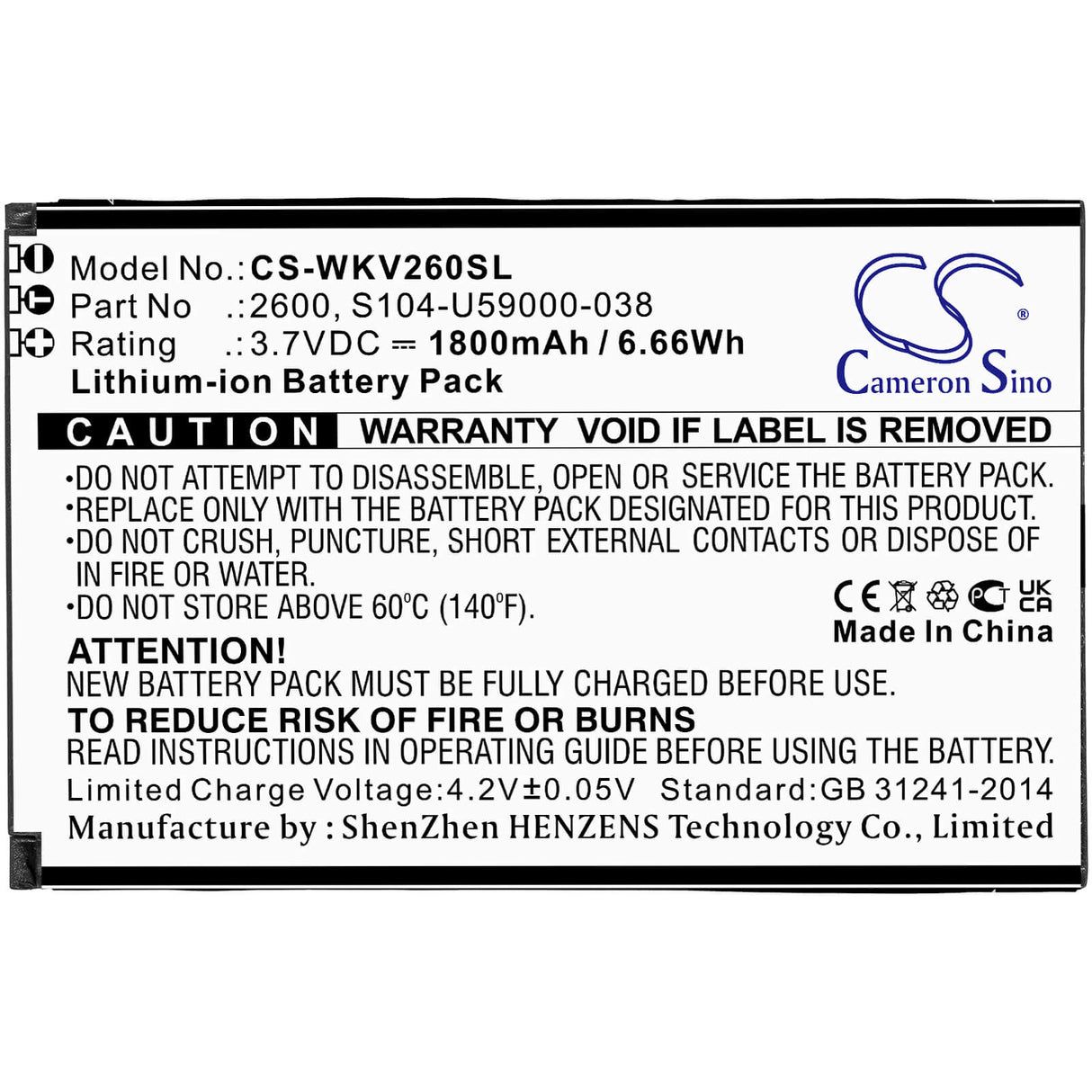 3.7V, Li-ion, 1800mAh, SmartPhone battery fits Wiko, 2600, Sunny 2 Plus, V2600, 6.66Wh Mobile, SmartPhone Cameron Sino Technology Limited (Smartphone)