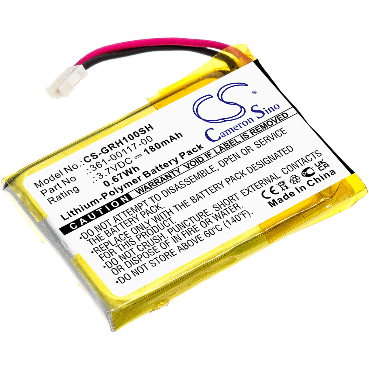 3.7V, Li-Polymer, 180mAh, Smartwatch battery fits Garmin, 361-00117-00, Approach S10, Approach S20, 0.67Wh Smartwatch Cameron Sino Technology Limited