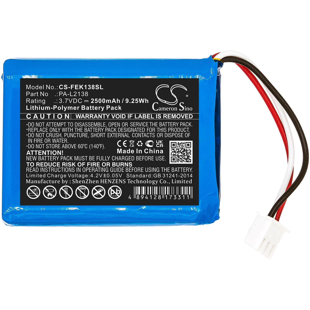 3,7V, Li-Polymère, 2500mAh, Batterie Pack batterie s'adapte à Fey Elektronik, Pa-l2138, 9,25Wh Batterie Pack Cameron Sino Technology Limited