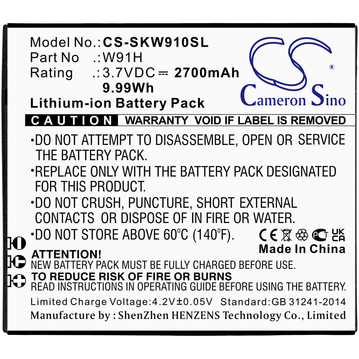 3.7V, Li-ion, 2700mAh, Batterie Hotspot compatible avec Skyroam, W91h, W19, W19h, 9.99Wh Hotspot Cameron Sino Technology Limited