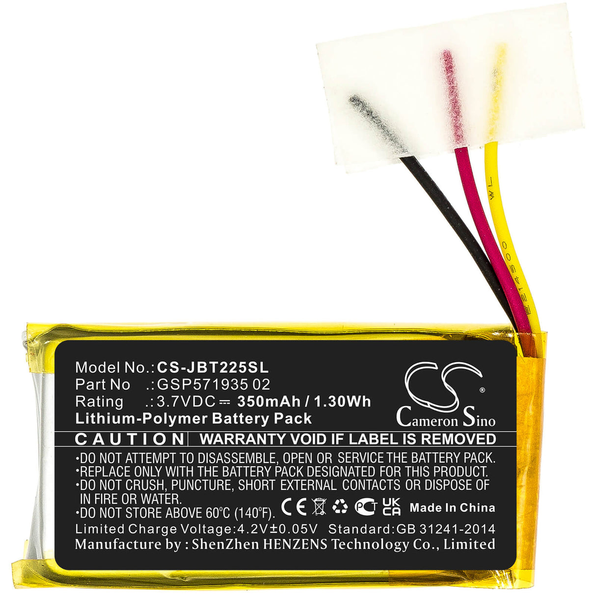 3.7V, Li-Polymer, 350mAh, Headset battery fits Jbl, Gsp571935 02, Tune 225 Tws Charging Case, 1.3Wh Wireless Headset Cameron Sino Technology Limited