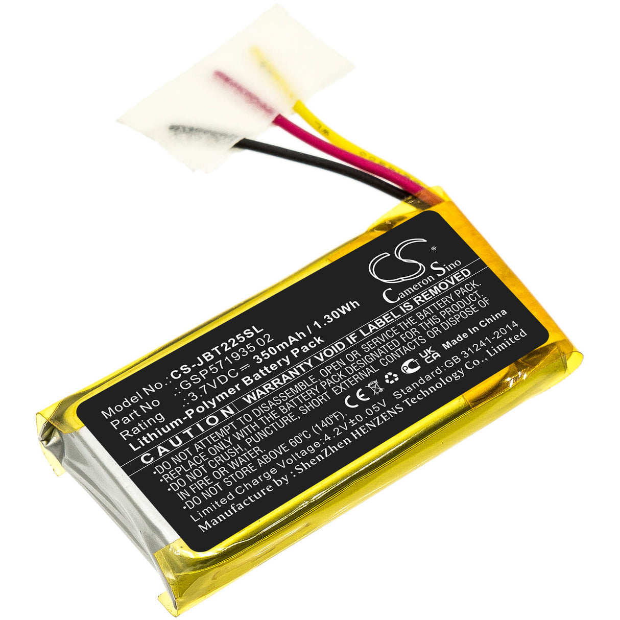 3.7V, Li-Polymer, 350mAh, Headset battery fits Jbl, Gsp571935 02, Tune 225 Tws Charging Case, 1.3Wh Wireless Headset Cameron Sino Technology Limited