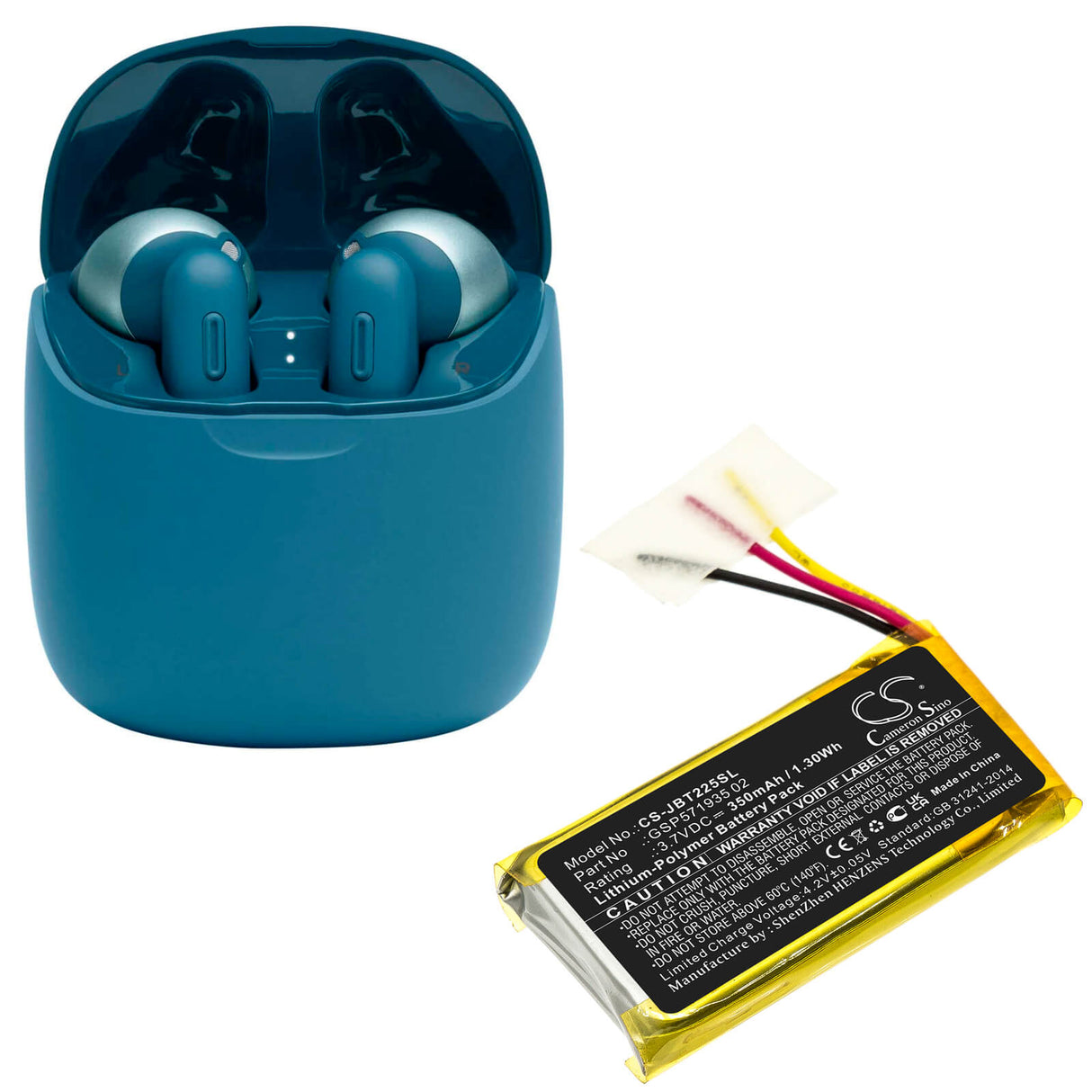 3.7V, Li-Polymer, 350mAh, Headset battery fits Jbl, Gsp571935 02, Tune 225 Tws Charging Case, 1.3Wh Wireless Headset Cameron Sino Technology Limited