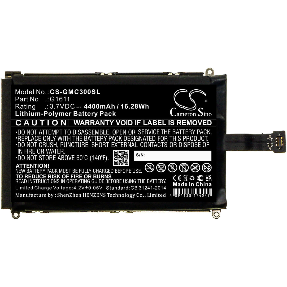 3.7V, Li-Polymer, 4400mAh, batterie Hotspot compatible avec Glocalme, G1611, G1611, G3, 16.28Wh Hotspot Cameron Sino Technology Limited