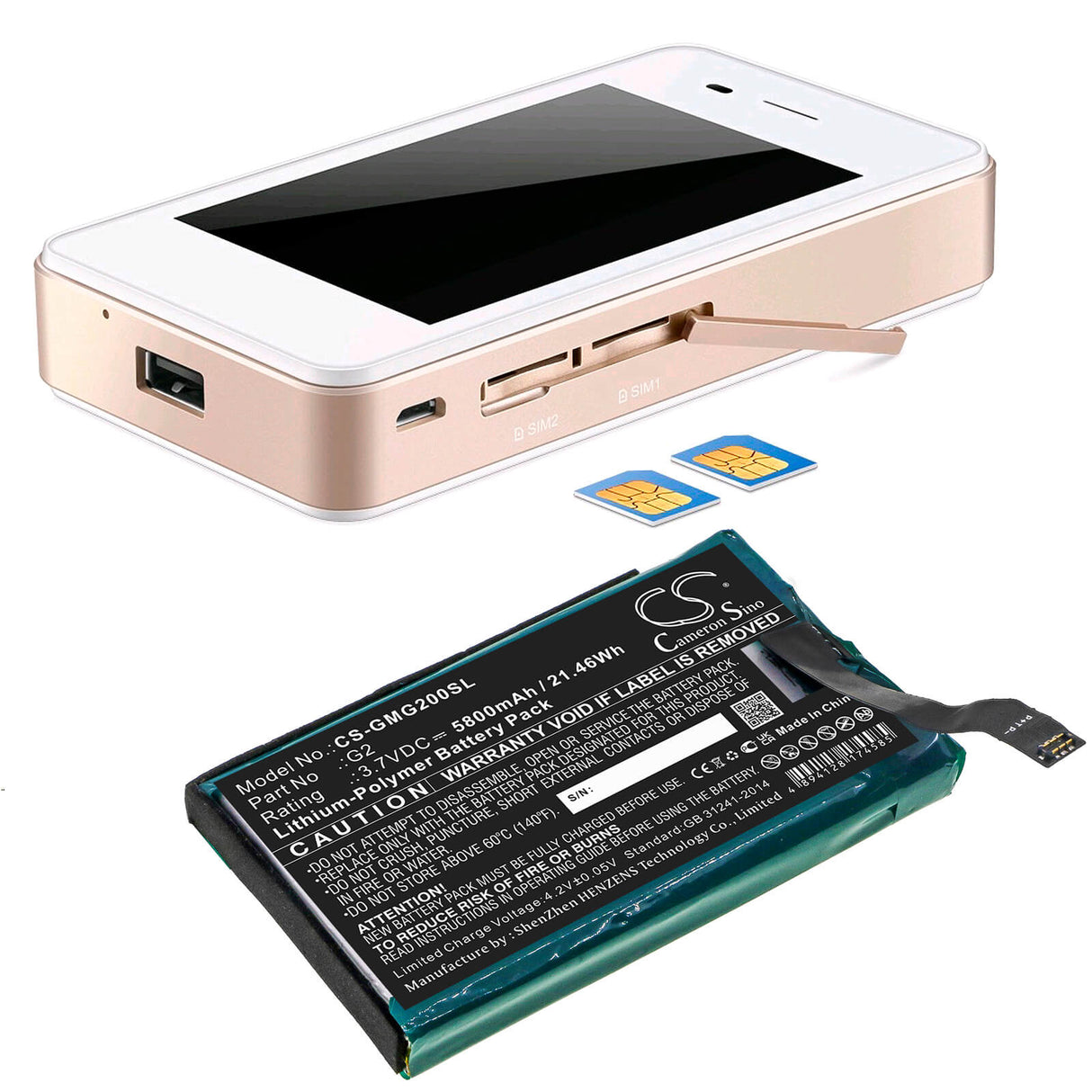 3,7V, Li-Polymer, 5800mAh, batterie Hotspot s'adapte à Glocalme, G2, 21,46Wh Hotspot Cameron Sino Technology Limited