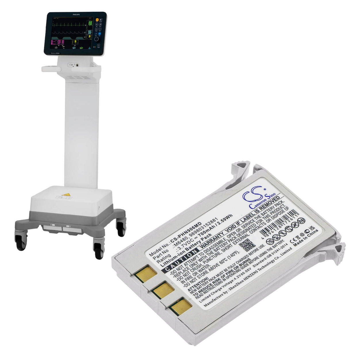 3.7v, 700mah, Li-ion Battery Fit's Philips, Essential, Expression Mr200, Moniteur Invivo 9065, 2.59wh Medical Cameron Sino Technology Limited (Medical)