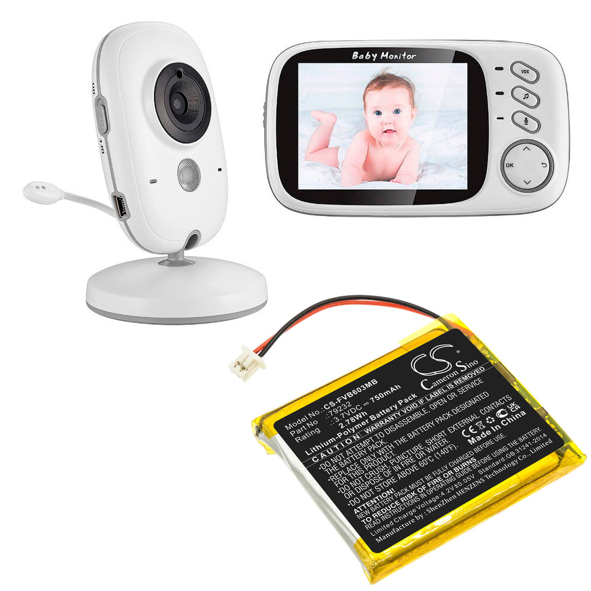 Batterie Babyphone 3.7v, 750mah, Li-polymère compatible avec Floureon, Vb603, 2.78wh BabyPhone Cameron Sino Technology Limited