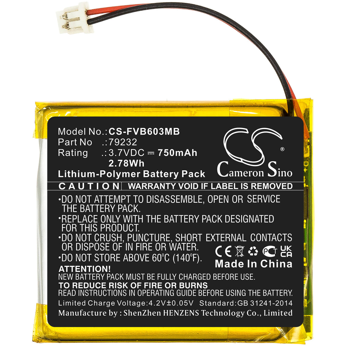 Batterie Babyphone 3.7v, 750mah, Li-polymère compatible avec Floureon, Vb603, 2.78wh BabyPhone Cameron Sino Technology Limited