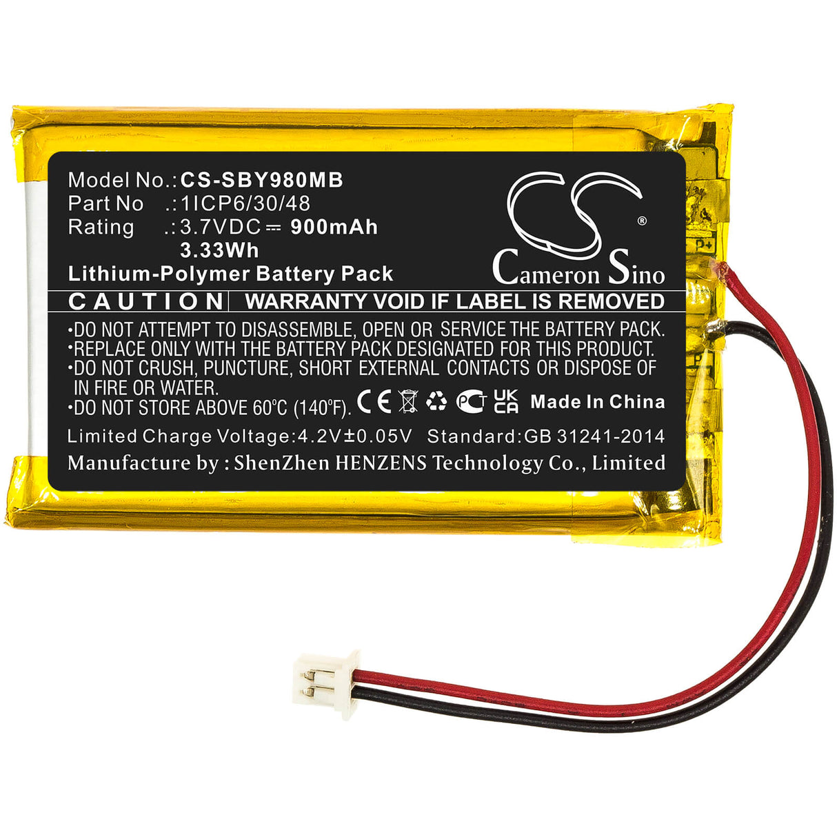 3,7 V, 900 mAh, Batterie Li-polymère pour Babyphone Convient pour Sanitas, Sby 98, 3,33 Wh BabyPhone Cameron Sino Technology Limited