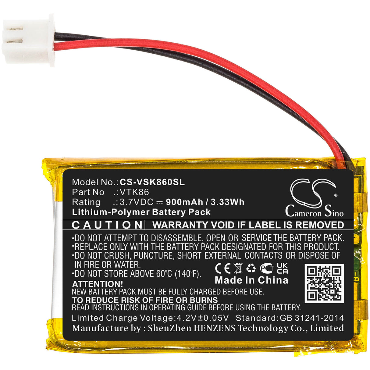 3,7V, Li-Polymère, 900mAh, batterie GPS compatible Velocitek, Vtk86, Shift, 3,33Wh GPS, Navigator Cameron Sino Technology Limited