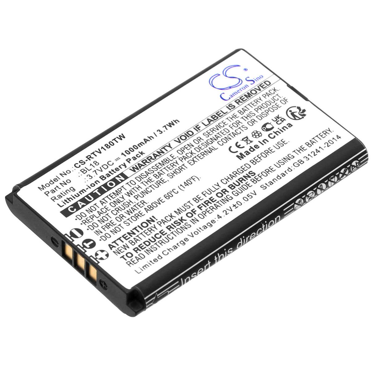 3.7V, Li-ion, 1000mAh, Two-Way Radio battery fits Retevis, Bl18, Rt18, Rt618, 3.7Wh Two-Way Radio Cameron Sino Technology Limited