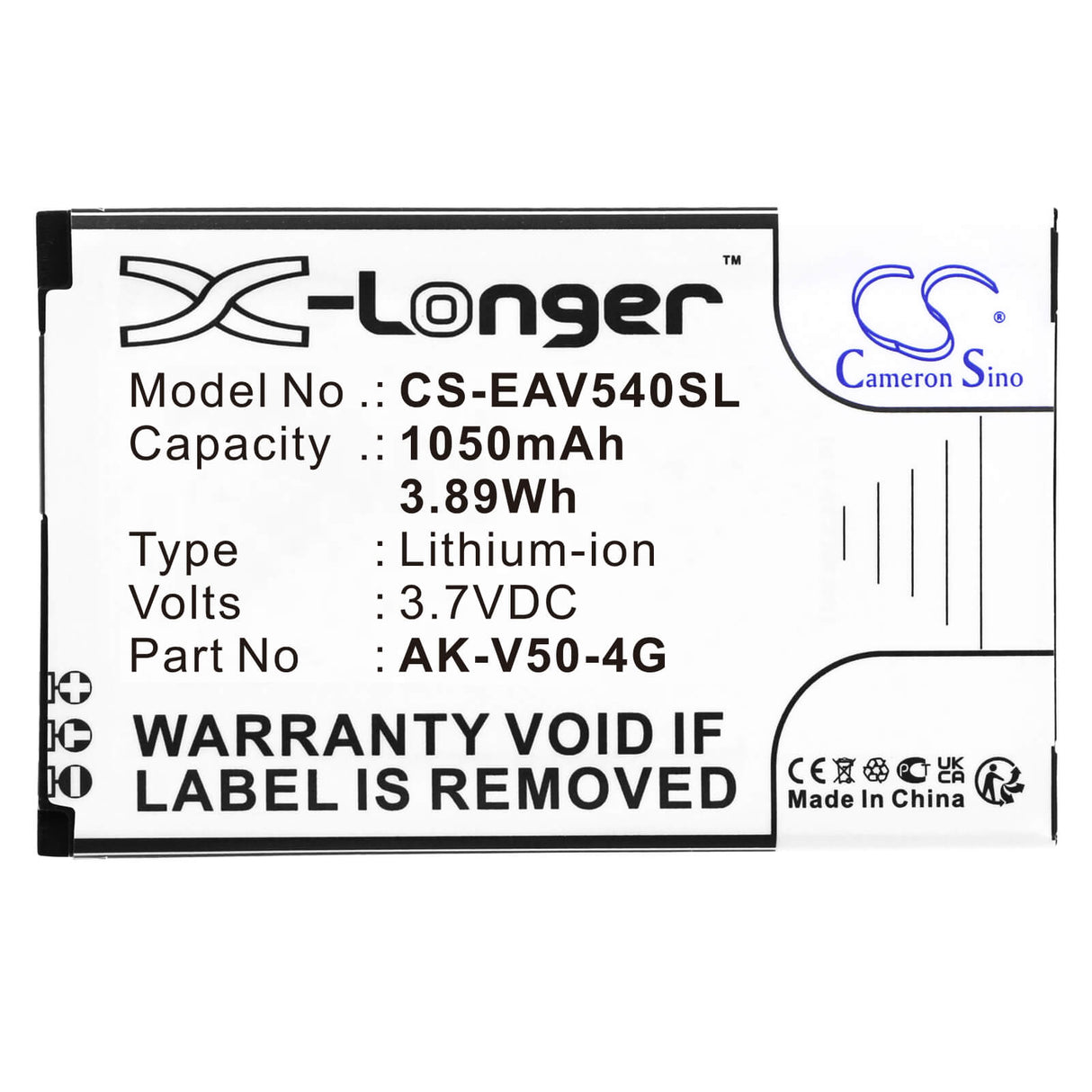 3.7V, Li-ion, 1050mAh, SmartPhone battery fits Emporia, Ak-v50-4g, Active V50, Active V50 4g, 3.89Wh Mobile, SmartPhone Cameron Sino Technology Limited (Smartphone)