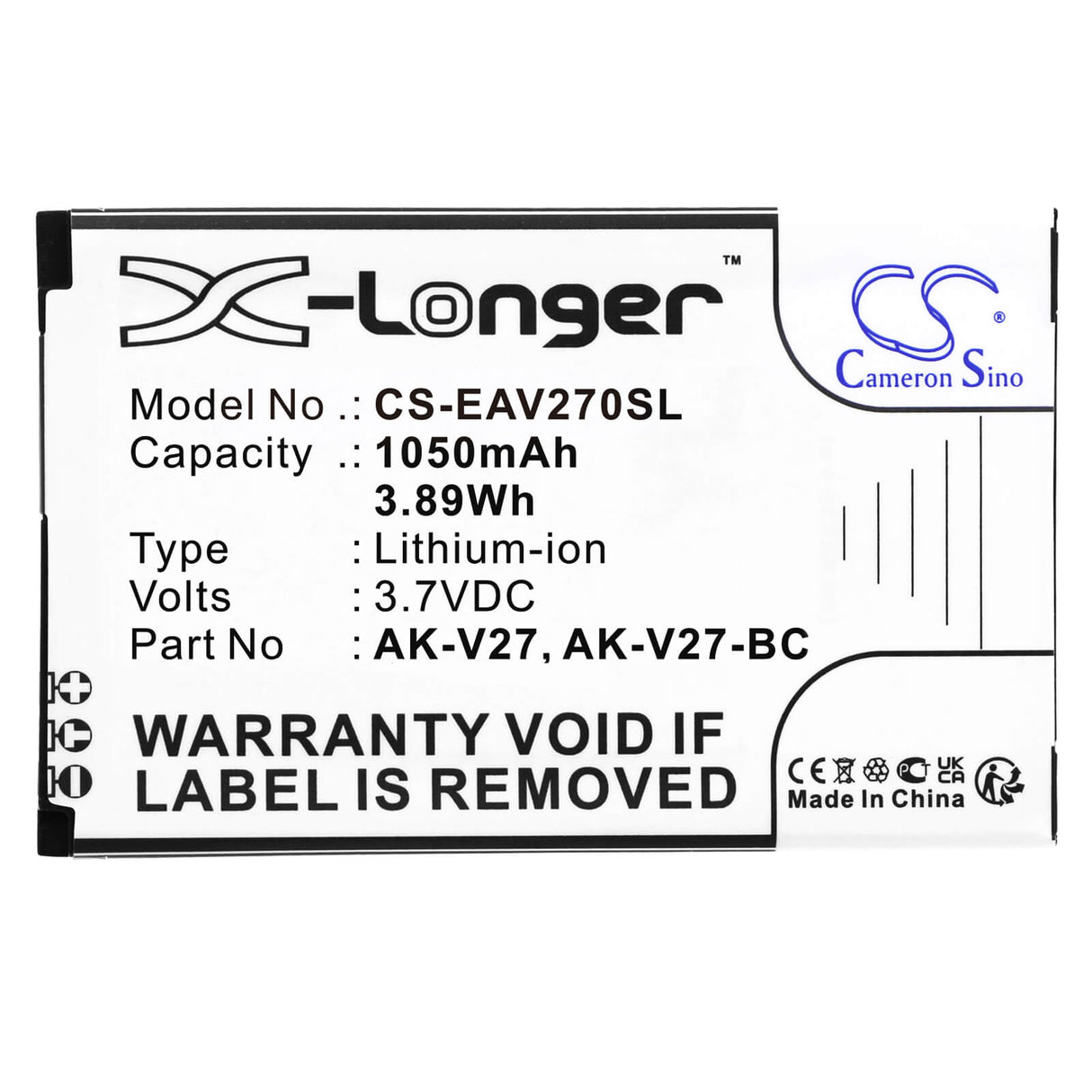 3.7V, Li-ion, 1050mAh, SmartPhone battery fits Emporia, Ak-v27, Simplicity, V27, 3.89Wh Mobile, SmartPhone Cameron Sino Technology Limited (Smartphone)