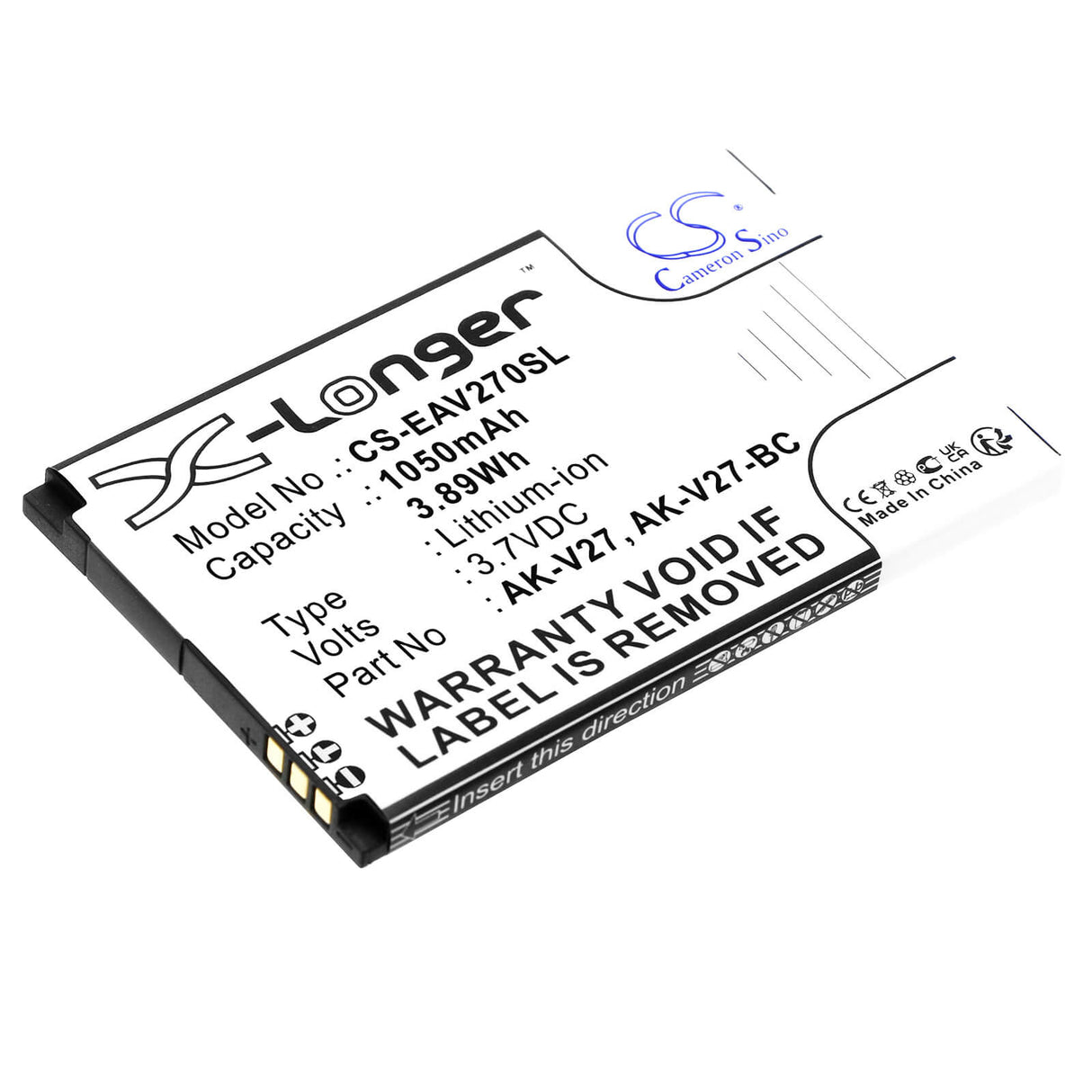 3.7V, Li-ion, 1050mAh, SmartPhone battery fits Emporia, Ak-v27, Simplicity, V27, 3.89Wh Mobile, SmartPhone Cameron Sino Technology Limited (Smartphone)