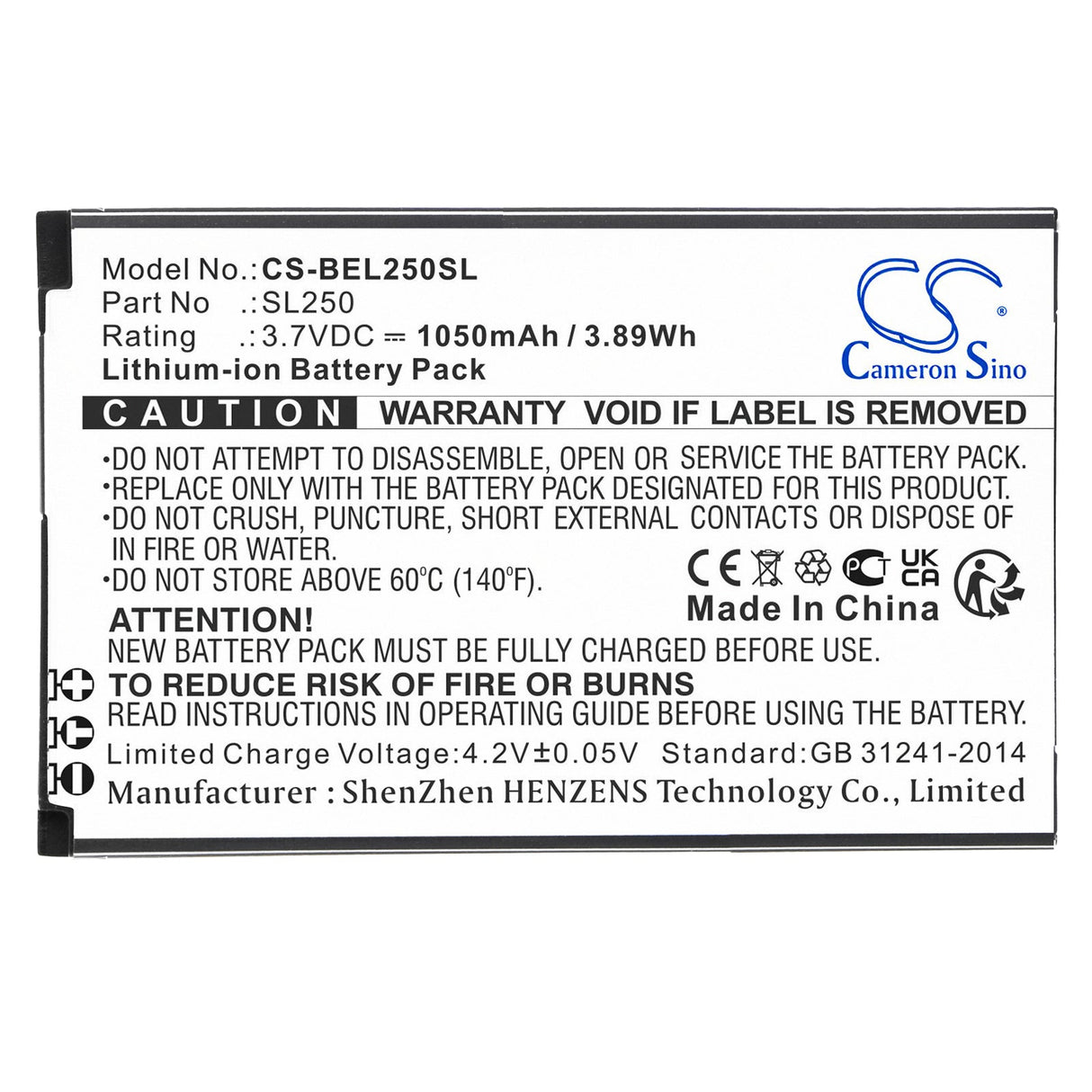 3.7V, Li-ion, 1050mAh, SmartPhone battery fits Bea-fon, Sl250, Sl250, 3.89Wh Mobile, SmartPhone Cameron Sino Technology Limited (Smartphone)