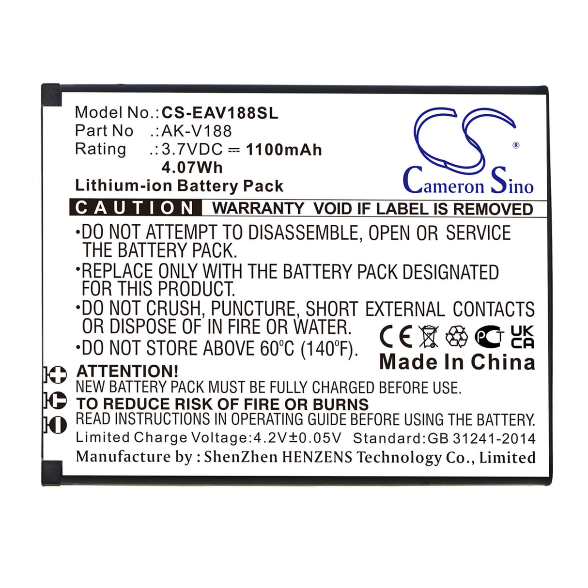 3.7V, Li-ion, 1100mAh, SmartPhone battery fits Emporia, Ak-v188, Touch Smart, Touch Smart 2, 4.07Wh Mobile, SmartPhone Cameron Sino Technology Limited (Smartphone)