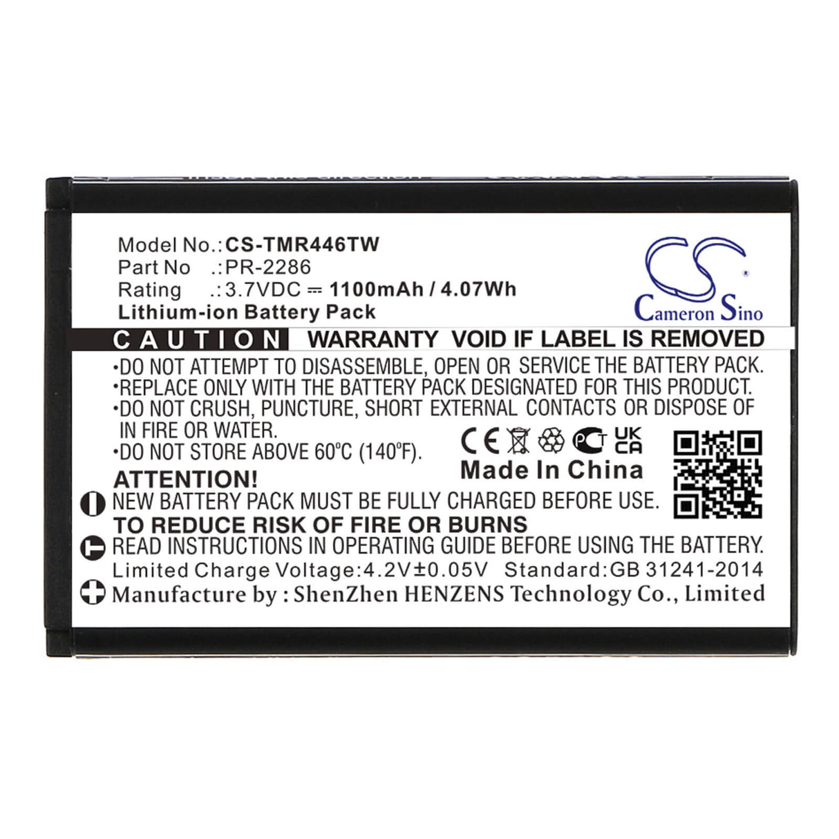 3.7V, Li-ion, 1100mAh, Two-Way Radio battery fits Tidradio, Zeadio, Motorola, Nedis, Cb28, Tectalk Outdoor, 4.07Wh Two-Way Radio Cameron Sino Technology Limited